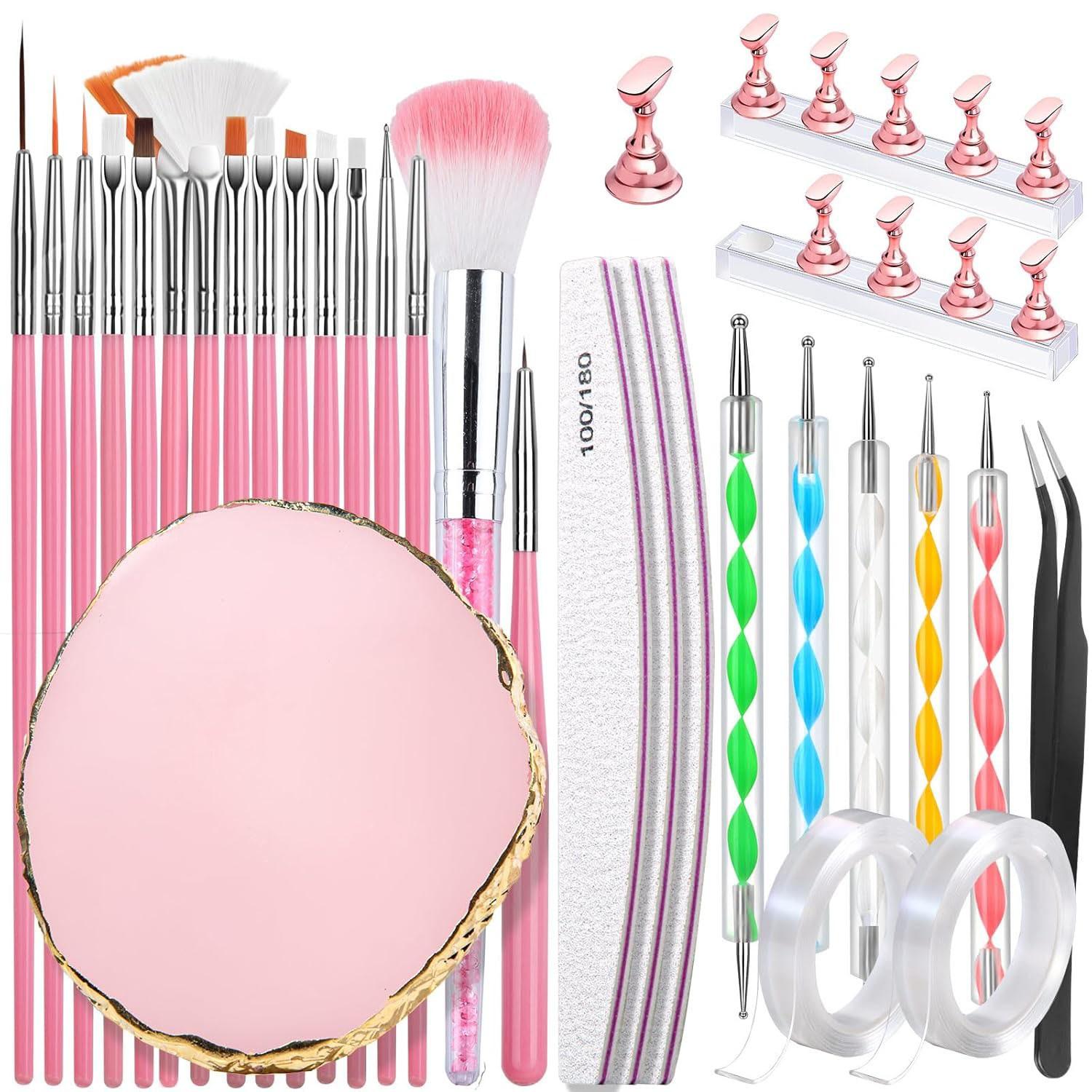 ✨ 21/24/30-Piece Professional Nail Art Tool Set, Including Nail Brushes / Dual-Ended Dotting Pens / Nail Holders / Double-Sided Tape / Tweezers / Cleaning Brushes / Palette / Nail File Combo Set, Suitable for Nail Salons and Home DIY