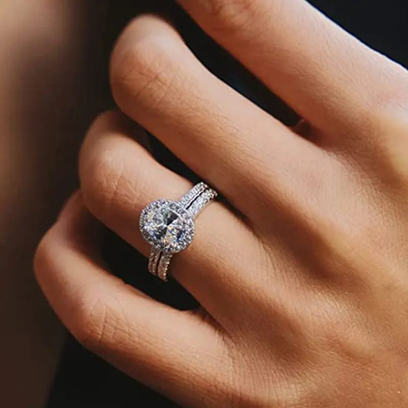 2Pcs Engagement Rings for Women Non Tarnish Bridal Rings Set | 14K Gold Plated Dainty Oval Cut CZ Wedding Bnand Ring Set Stackable Travel Eternity Promise Rings for Her Size 6-10