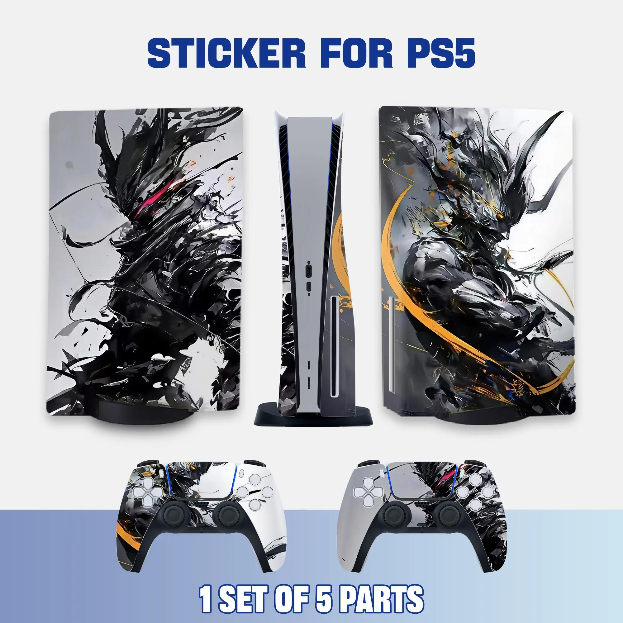 Ps5 Console and Controller Stickers, Ink Wash Dark Knight Mecha Art Vinyl Protective Film, Waterproof Scratch-Resistant, Removable Without Residue