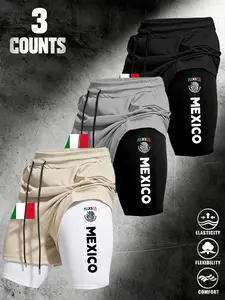 3-Pack Men's American Style Mexico Badge Dual-Layer Workout Shorts, Mesh Outer Pants + Compression Lining, High Elastic Breathable, Multi-Color Set, Performance Training Shorts