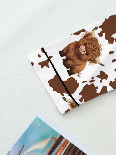 [Highland Cattle] Women's Cartoon Print Pajama Set, Long Sleeve Top & Elastic Waistband Pants, Comfortable Loungewear for Fall Winter Wear