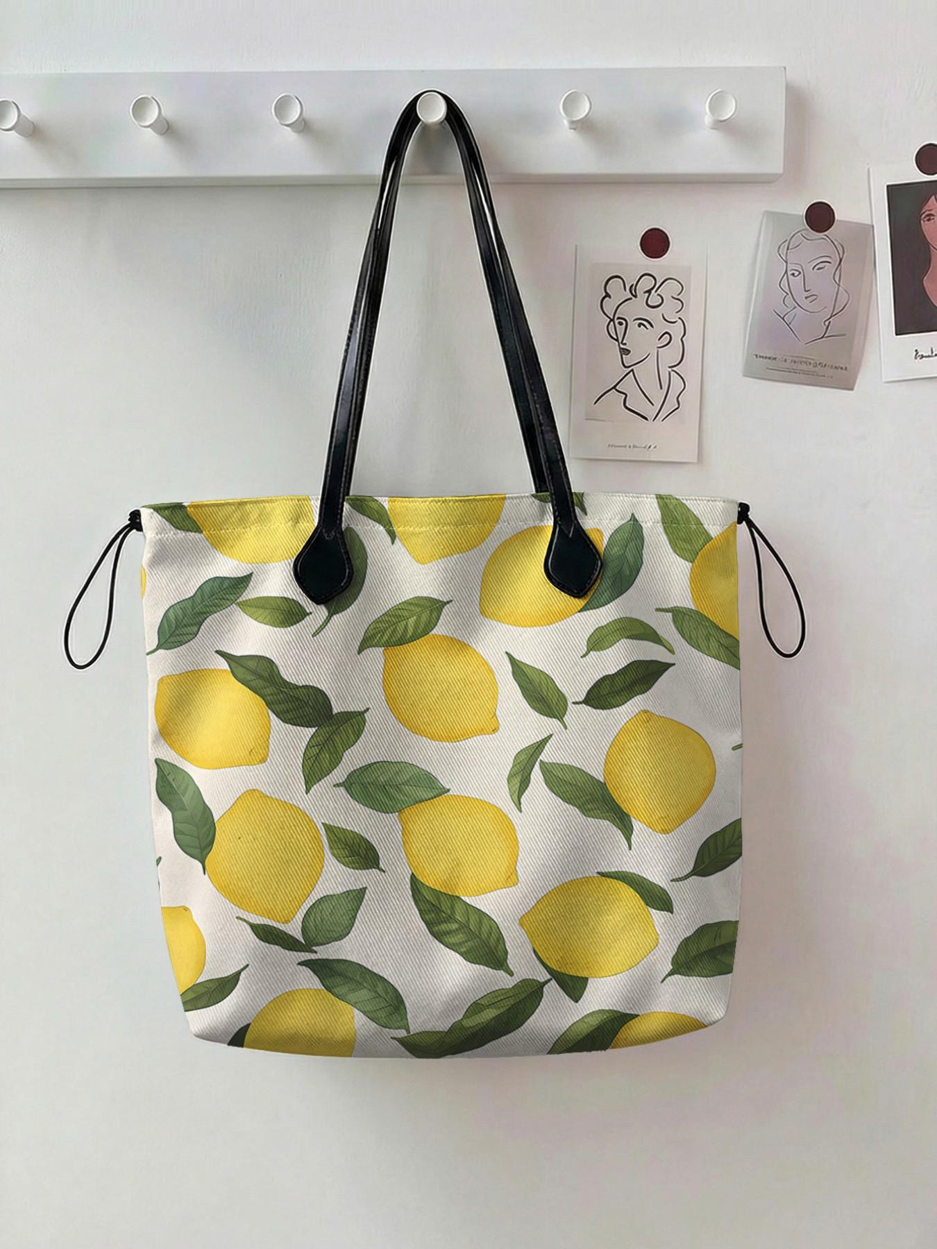 Lemon Pattern 2D Printed Drawstring Tote Bag, Large Capacity Shopping Bag, Durable and Wear-Resistant, Ideal for Work, Shopping, Picnic