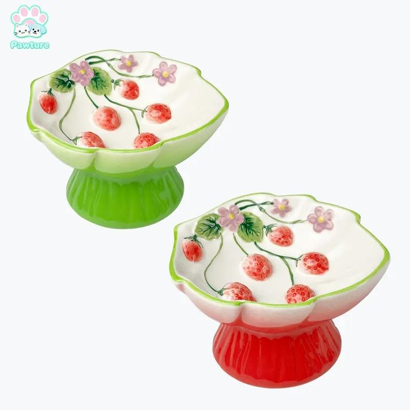 Ceramic Slow Feeder Cat Bowl, Elevated Pet Food Bowl for Cats & Small Dogs, Non-Slip Base, Strawberries Country-Style Design