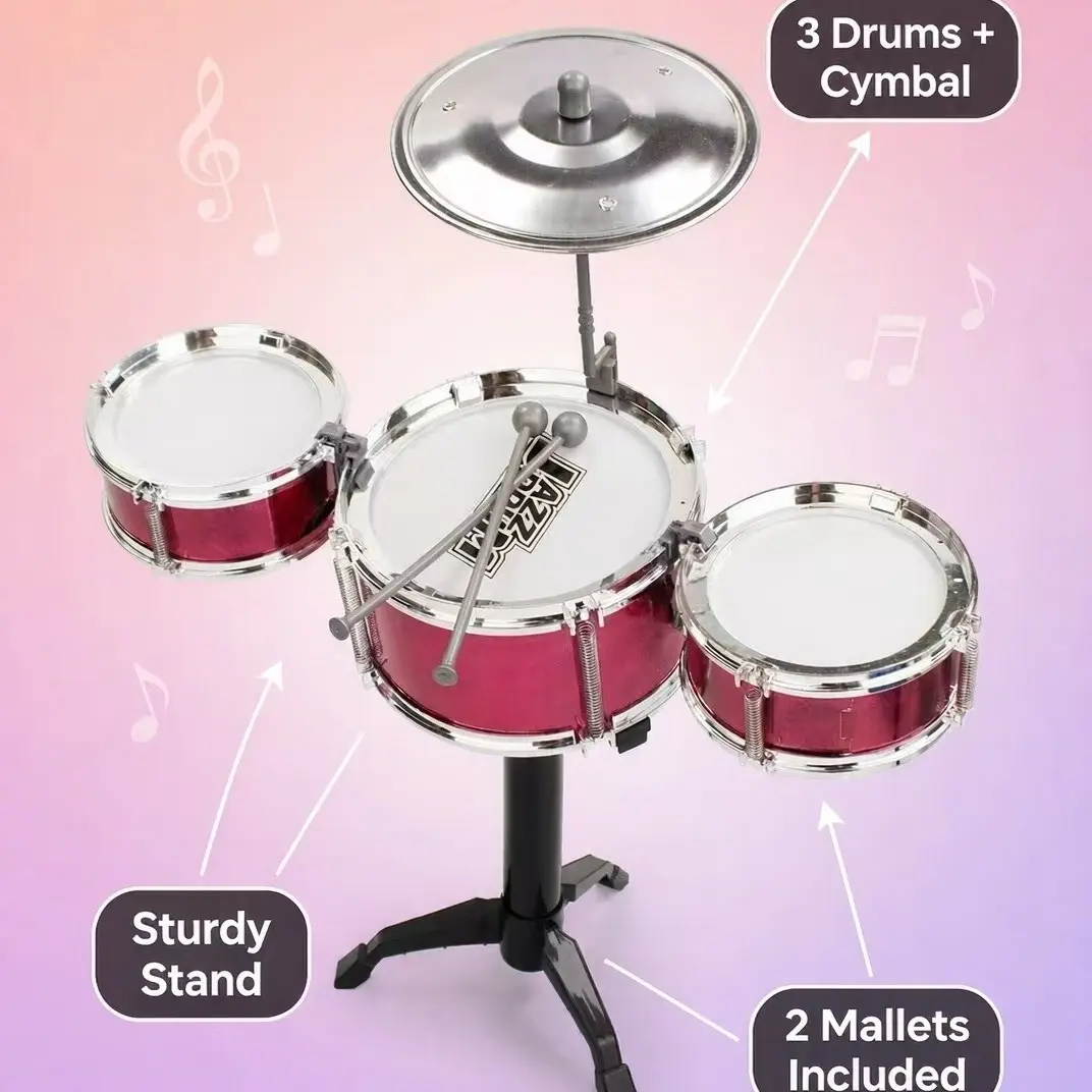 Kids' toy jazz drum set, Percussion, fun educational musical instrument for beginners. Includes 1 bass drum, 2 mid-sized drums, 1 cymbal, 1 big pedal, 1 small pedal, 1 drum stand, 2 drumsticks, 1 drum rod. Needs assembling, perfect for kids