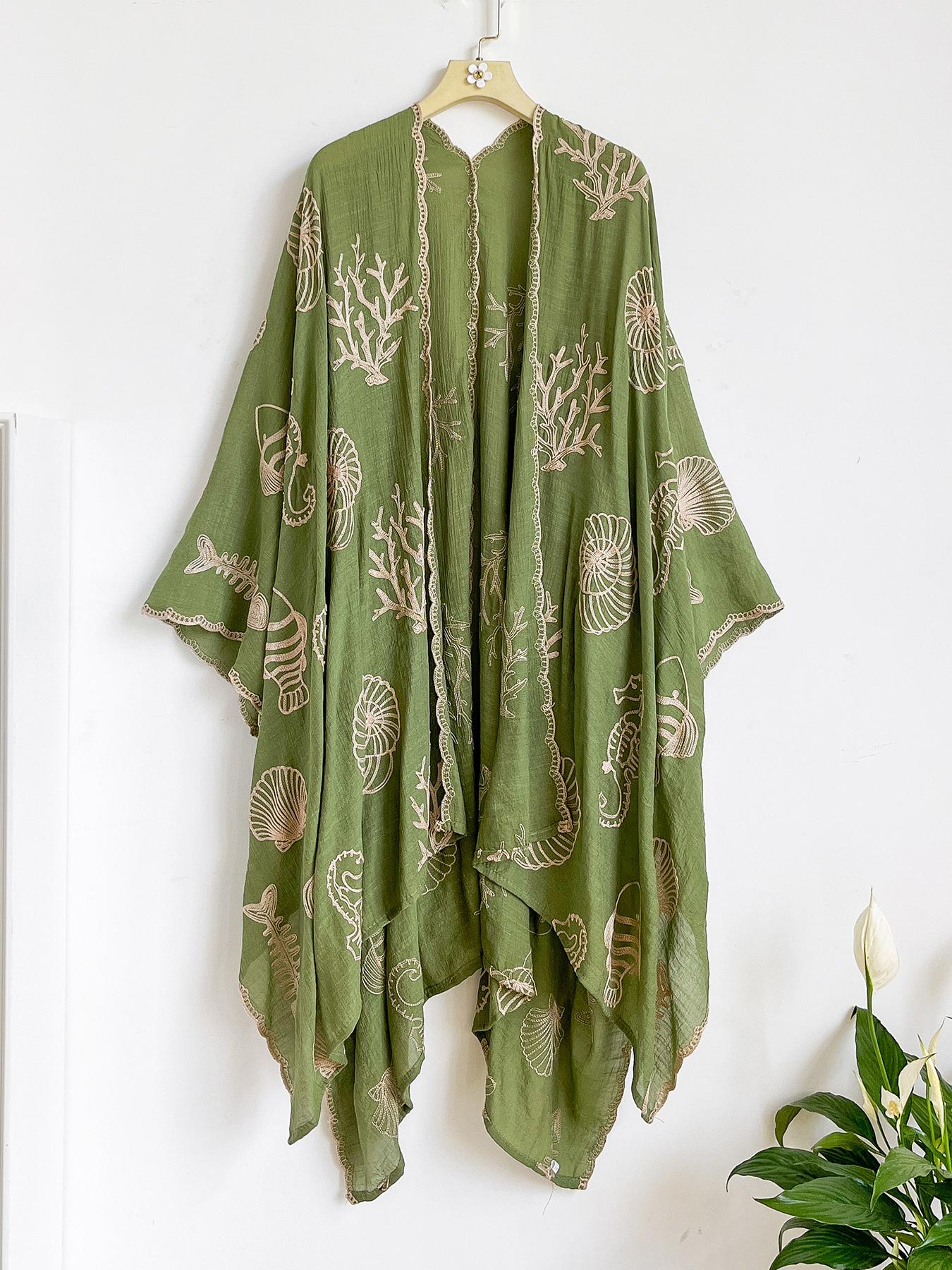 Boho Ocean Embroidered Split Scarf, Loose Fit Elegant All-Season Style, Perfect for Beach Vacations, Commuting and Dates