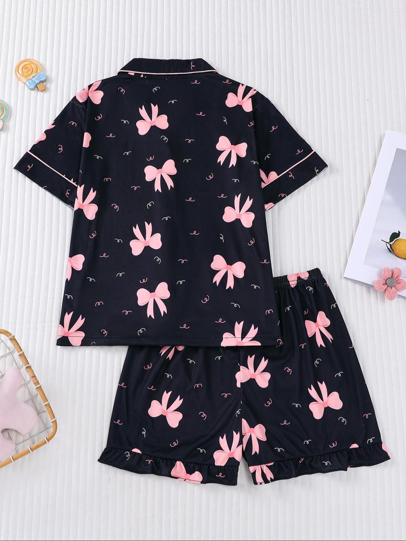 Sweet Bow Print Kids Pajama Set, Base Fitted Short Sleeve Top & Elastic Waist Shorts, Casual Home Wear for Girls