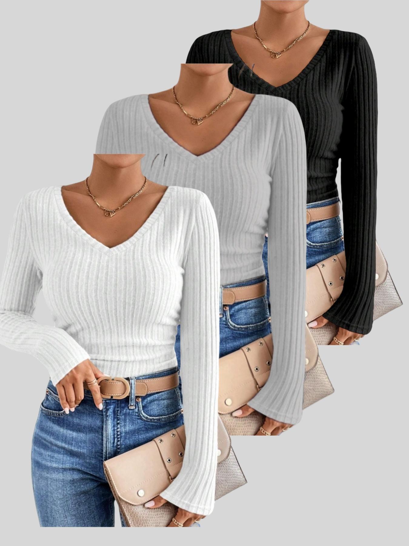 New Women's Fall Winter Solid V-Neck Long Sleeve T-Shirt Set of Three, Stylish, Casual and Comfortable for Daily Wear
