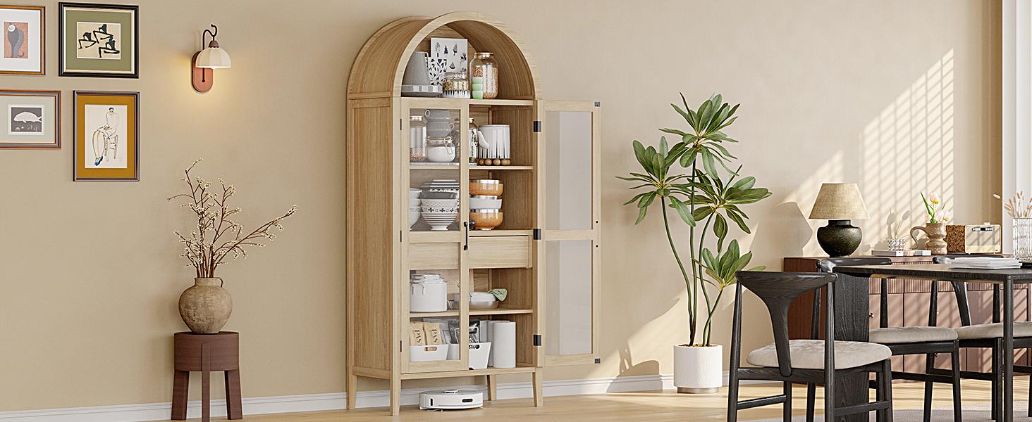 【SPOTLIGHT DAY】ONBRILL 71" Tall Arched Cabinet, 5-Tier Arched Kitchen Pantry with Glass Doors & Drawer, Modern Display Pantry Cabinets with Adjustable Feet, Wooden Pantry for Kitchen, Living & Dining Room, White