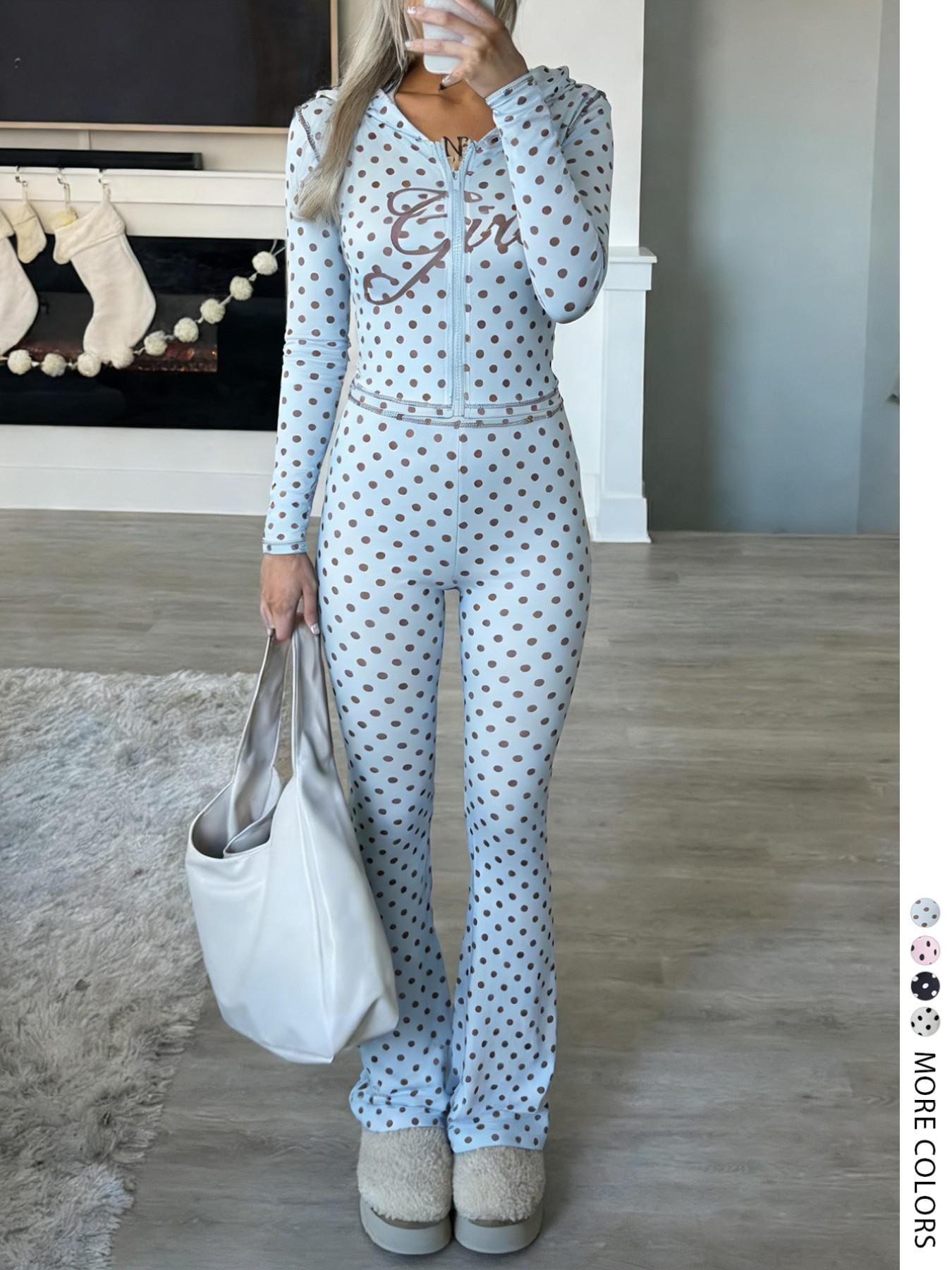 LovelyWholesale Women's Casual Sporty Vintage Polka Dot Letter Print Hooded Long Sleeve Crop Top and Wide Leg Pants Set, Colorblock Zipper Design