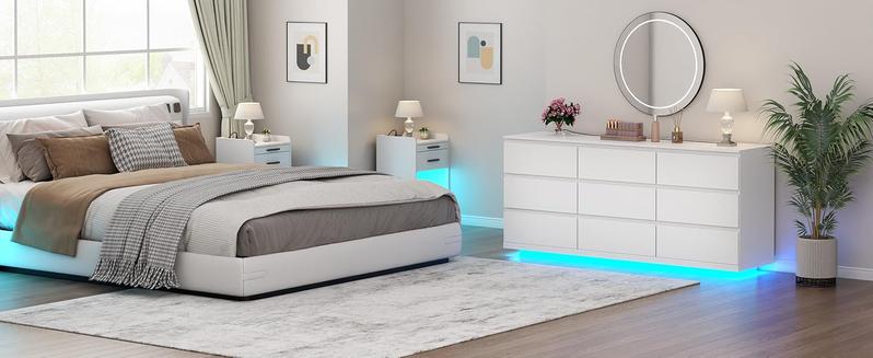 Floating White Dresser Chest of Drawers with LED Light, 9 Drawers, Modern Design, Black Finish, Ideal for Storage and Aesthetic Interior drawer dresser