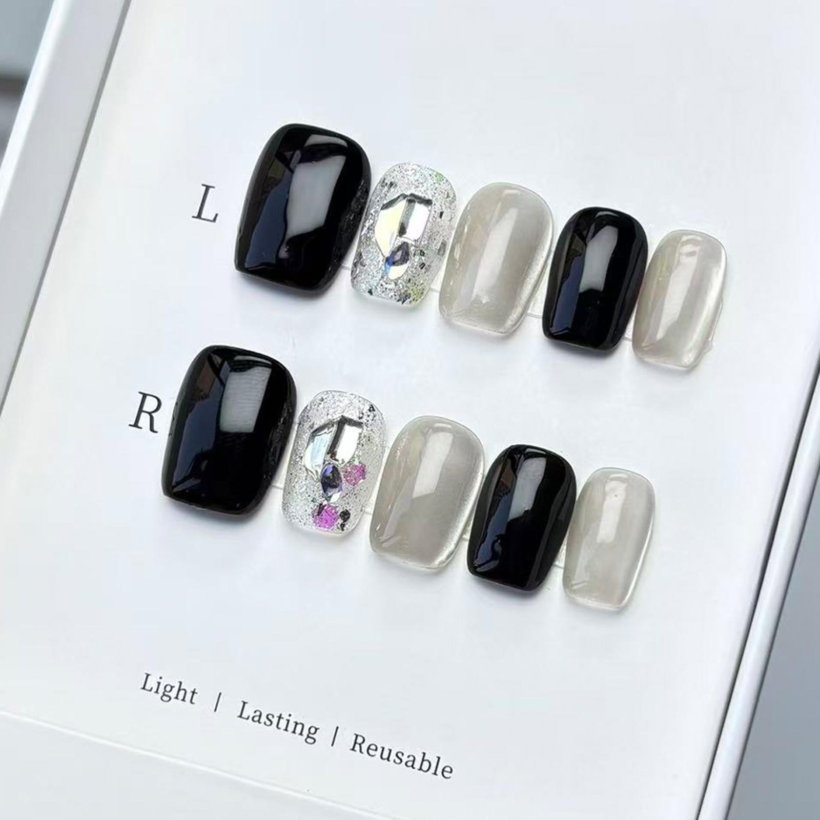 Boss Babe Exclusive Luxury Press Ons! Black White Color Block & Milk White Cat Eye & Exquisite Hand-Painted Big Diamond, Cool & Cute Vibe, Photo Ready