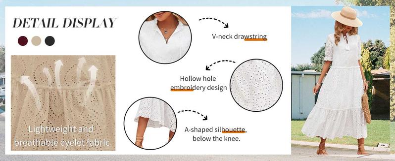 Chouyatou Women's Summer Boho Embroidery Eyelet Dress V-Neck Collared Tiered Midi Tunic Dress