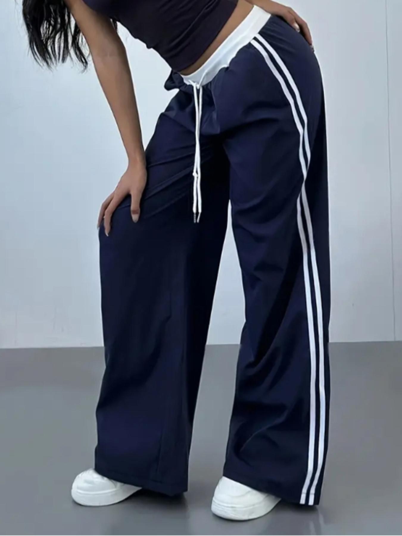 Women's Side Color Block Casual Straight Leg Pants, Fitted Woven Fabric, Moderate Thickness, All Seasons Wear, Comfortable & Stylish Design