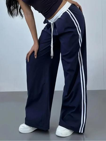 Women's Side Color Block Casual Straight Leg Pants, Fitted Woven Fabric, Moderate Thickness, All Seasons Wear, Comfortable & Stylish Design