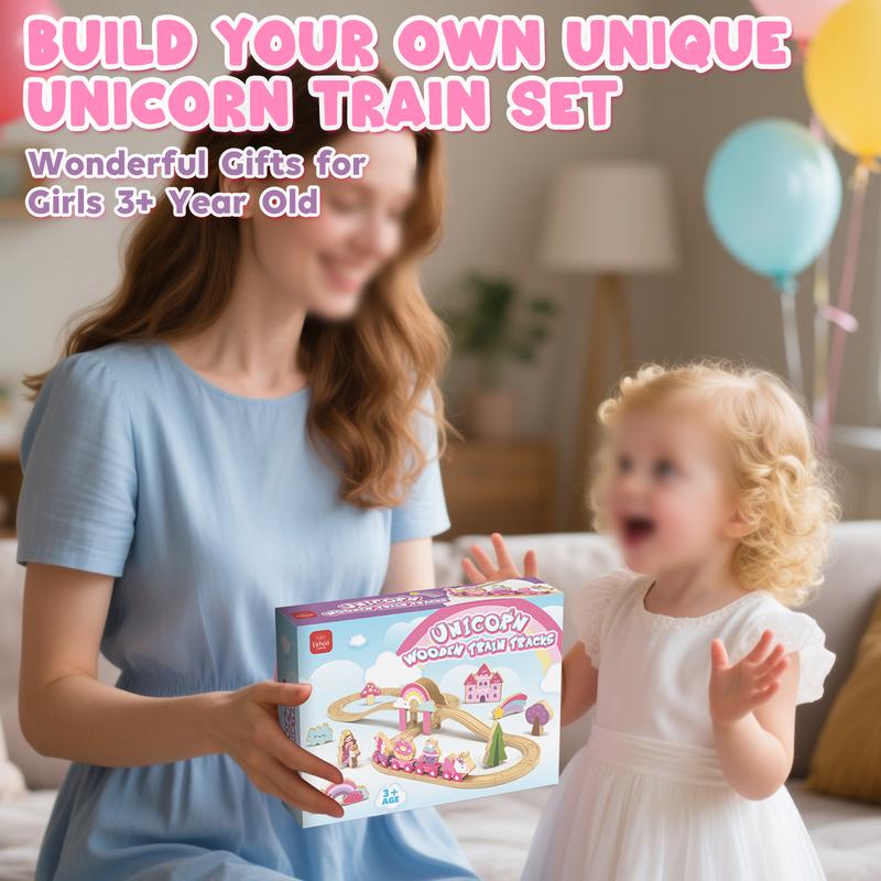 Lehoo Castle 38pcs72pcs Wooden Train Set, Train Set for kids, Wooden Train Track for Girls, Train Set with Tracks & Accessories, Unicorn Toys for Girls, Montessori Toys for Boys & Girls