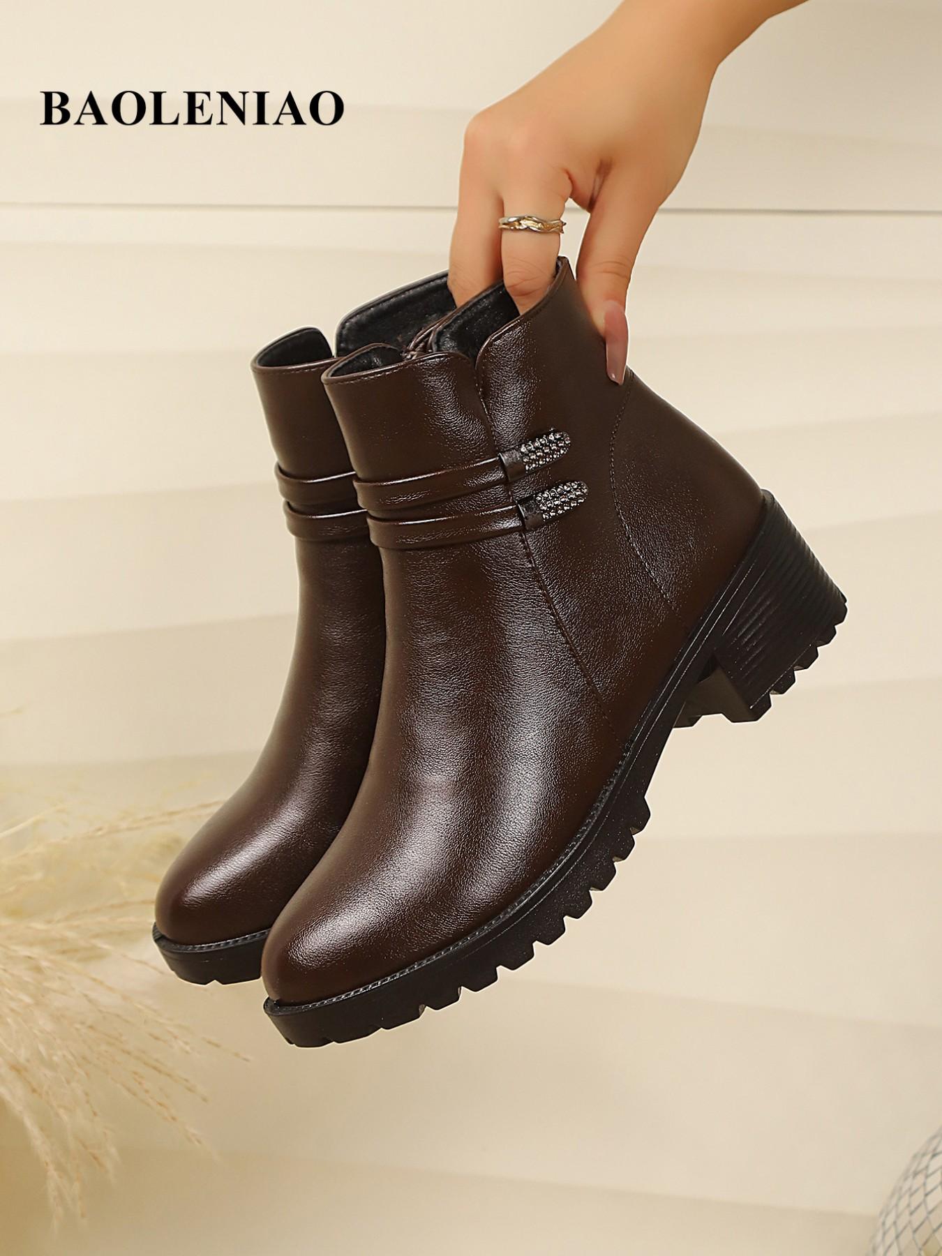 Women's Winter Short Ankle Boots, Fashionable Boots, Rhinestone Decor Side Zipper, Boots With Zipper, Anti-Slip Chunky Heel Leather Warm Chelsea Boots, Daily Wear