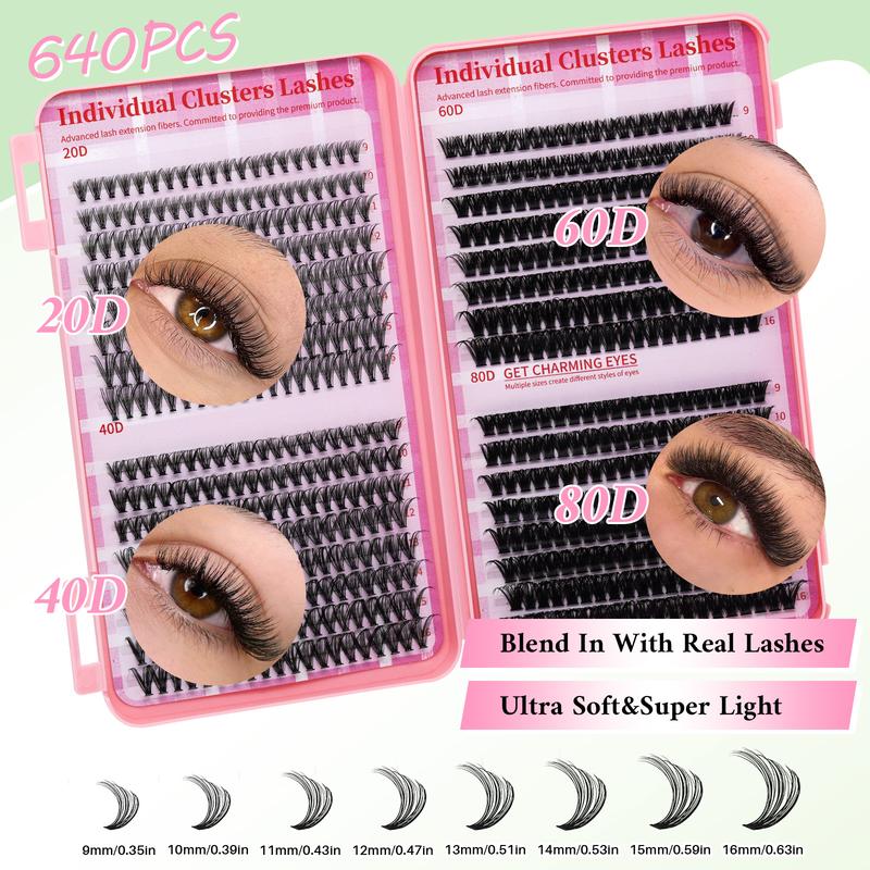 640PCS 20D40D60D80D Cluster Lashes Kit High Capacity Individual Lash Clusters 9-16mm Mixed D Curl Effect Natural Look Wispy Soft And Comfortable False Eyelashes Long-Lasting Individual Lashes Kit With Lash Bond&Seal And Tweezers And Lash Brush 640PCS 20D40D60D80D Cluster Lashes Kit High Capacity Individual Lash Clusters 9-16mm Mixed D Curl Effect Natural Look Wispy Soft And Comfortable False Eyelashes Long-Lasting Individual Lashes Kit With Lash Bond&Seal And Tweezers And Lash Brush