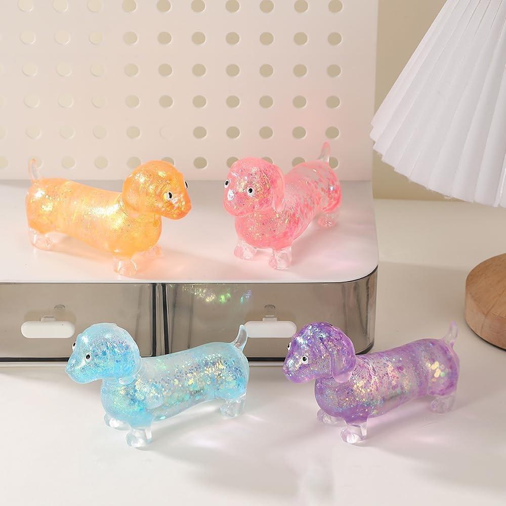 Anxiety Squishies, Fidget Cube Stress Relief, Dachshund Squishy Stress Toy,  Upgraded Sparkly Sausage Dog Gel Stretch Ball, Cute Mini Dogs with Face for kids Adults