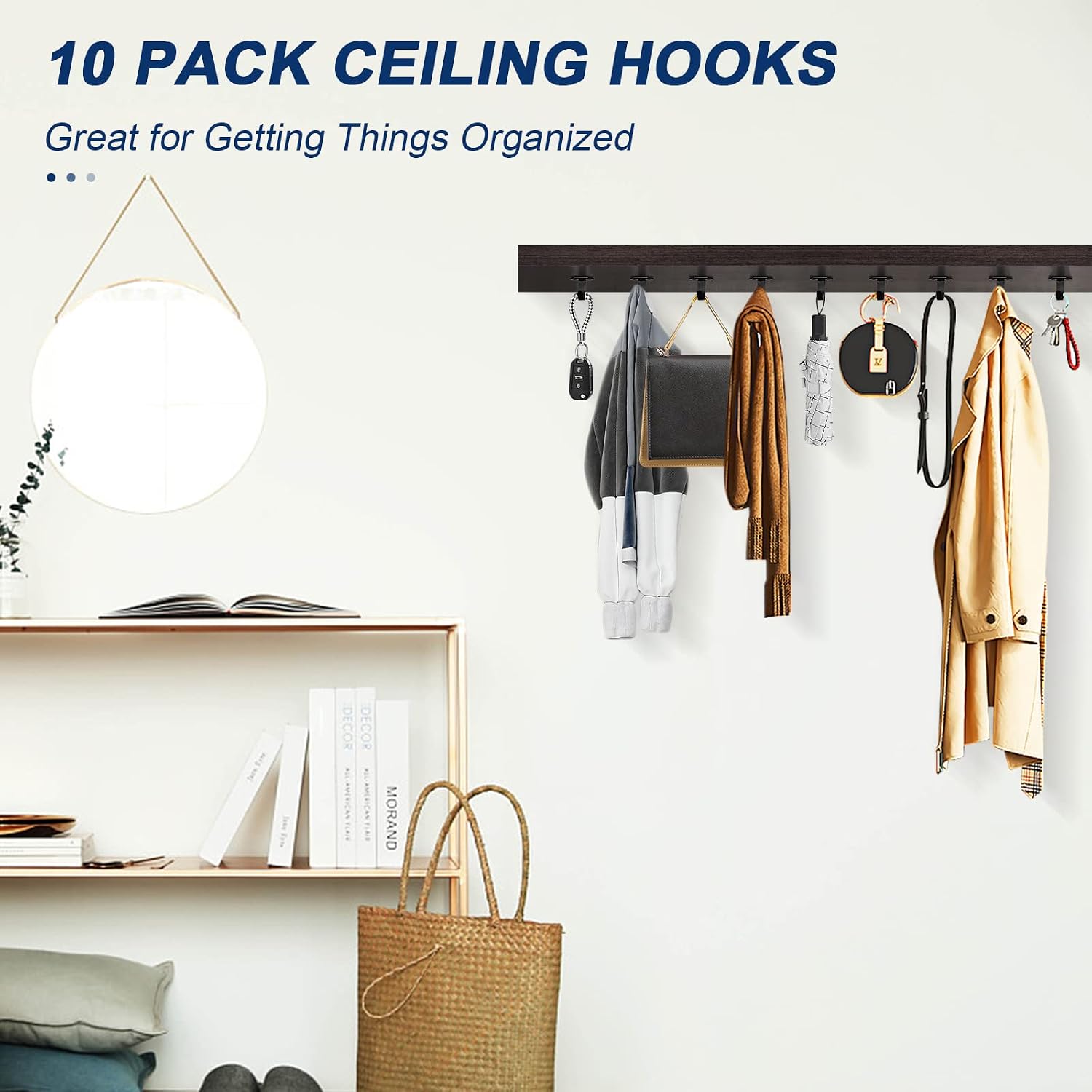 Stainless Steel Screw Mounted Ceiling Hooks, Under-Shelf Towel/Robe Clothes Hook Heavy Duty Coat Hanger for Bathroom Kitchen Cabinet Garage, 10 Pack (Matte Black)