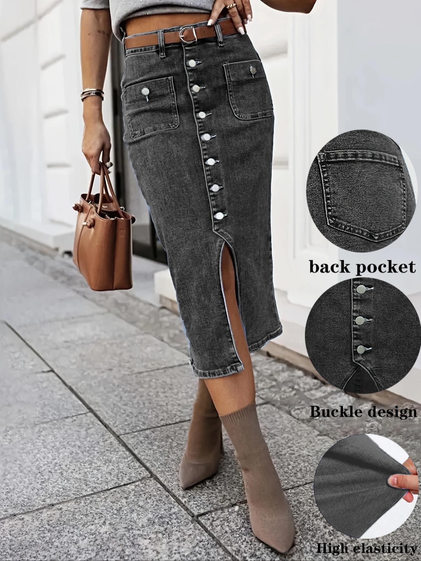 Women's High Elastic Dark Wash Denim Half Skirt with Button Closure, Stylish Casual Wear, Perfect for Daily, Comfortable and Trendy