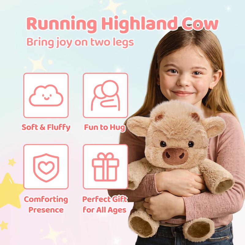 Cuddly Teddy Bear Super Soft Fluffy Running Cow Plush Toy Kawaii Highland Cow Plushies Cute Stuffed Animal Cuddle Therapy Plush for Kids & Adults