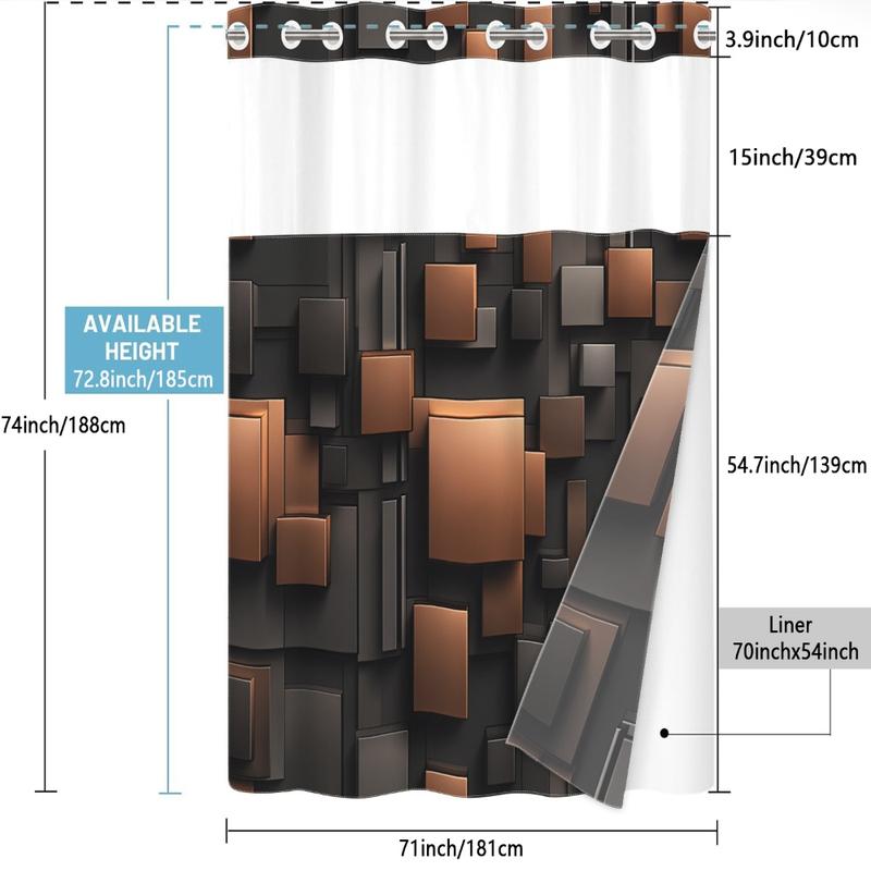1pc hookless shower curtain with buckle lining, brown and black geometric square patchwork design, 2D flat printing, fabric waterproof lining, see-through double-layer shower curtain, 71 x 74 inches, modern home draping curtain.