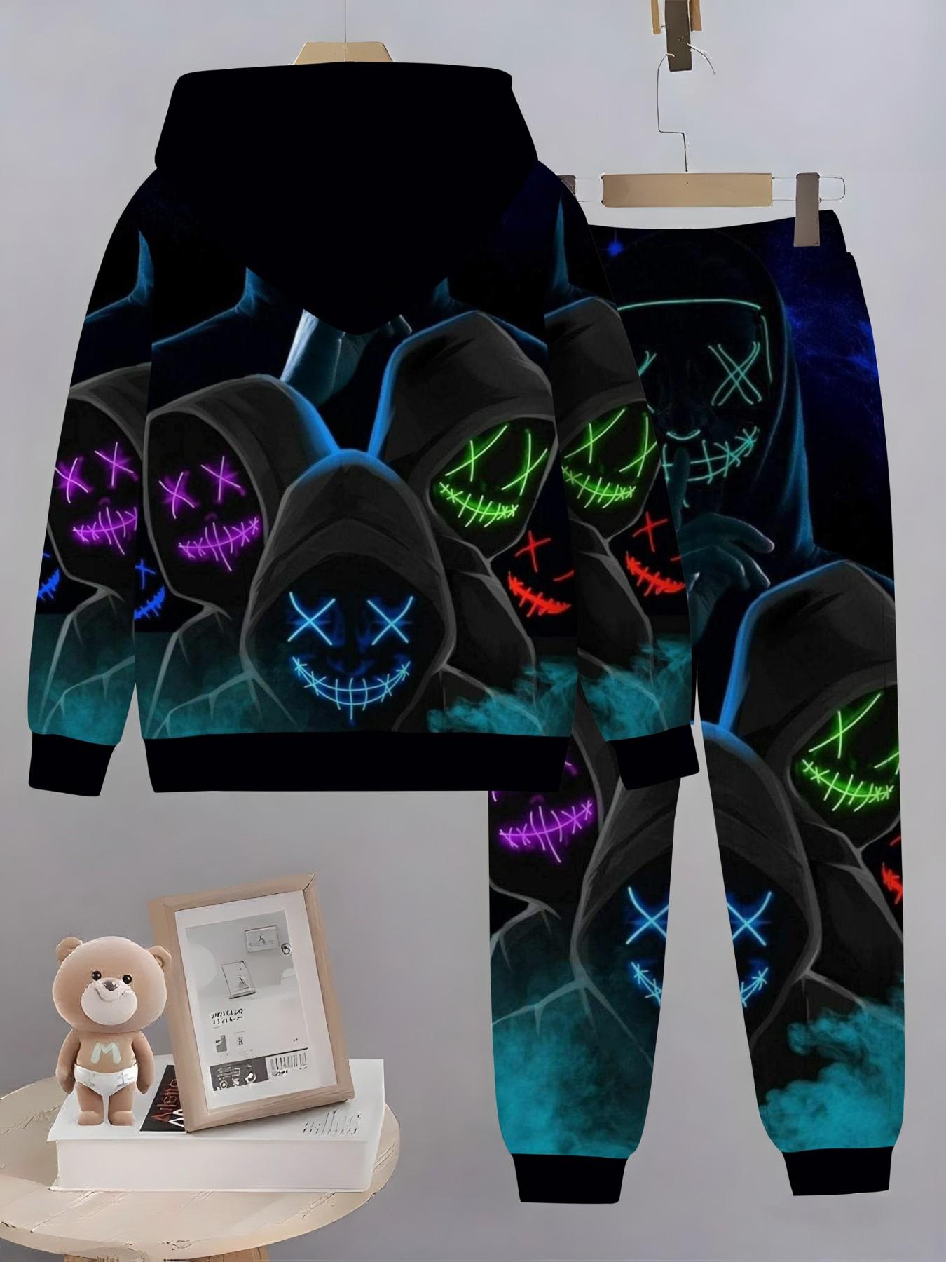 5 Pcs Boys' Gothic Neon Skull Starry Full Print Sports Set, Hooded Sweatshirt and Drawstring Pants, Casual Streetwear Outfit Sets for Kids Clothes Kids