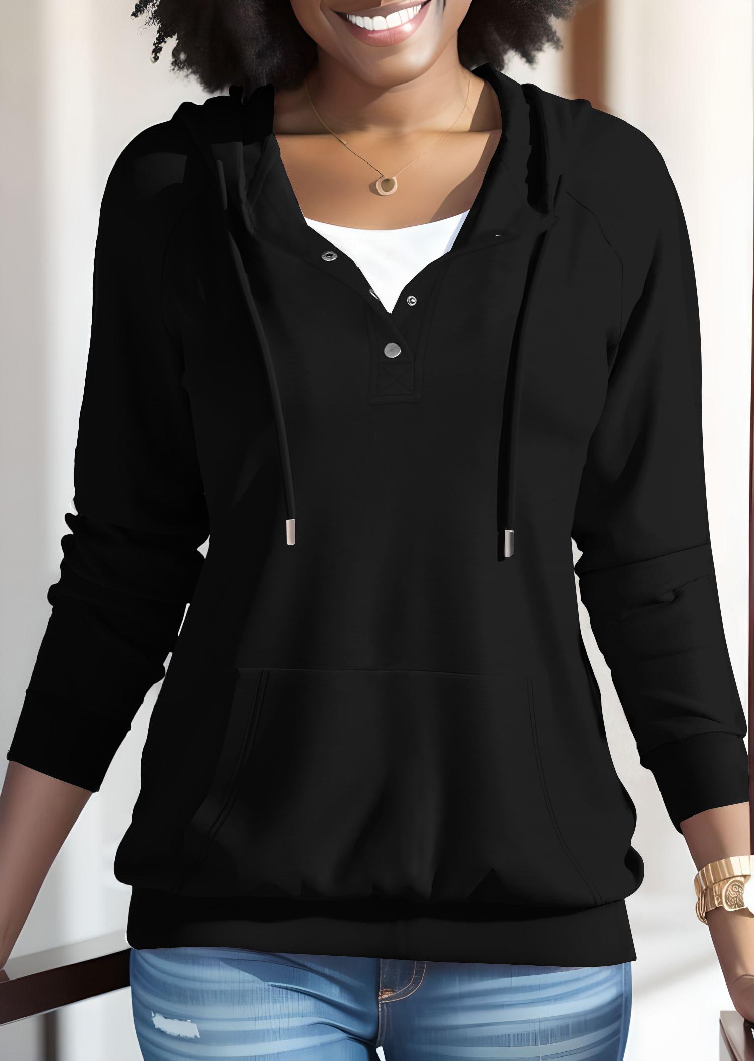 USBoutique Chic Women's Plain Half Button Raglan Sleeve Hoodie Casual Long Sleeve Drawstring Pocket Hooded Sweatshirt for Fall Ladies Clothes for Daily Wear Black Fitted Minimalist Tops