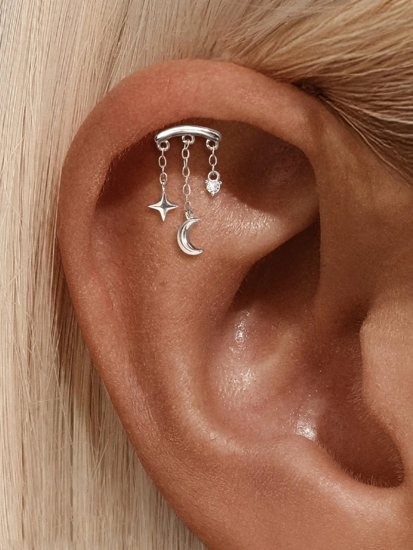 Single Piece S925 Sterling Silver Dreamy Celestial Star Moon CZ Dangle Chain Threaded Flat Back Cartilage Earring, Hypoallergenic for Sensitive Ears Helix Conch Tragus Piercing Luxury Ear Stack Jewelry Gift for Her Dangly Earrings Dangling Earrings