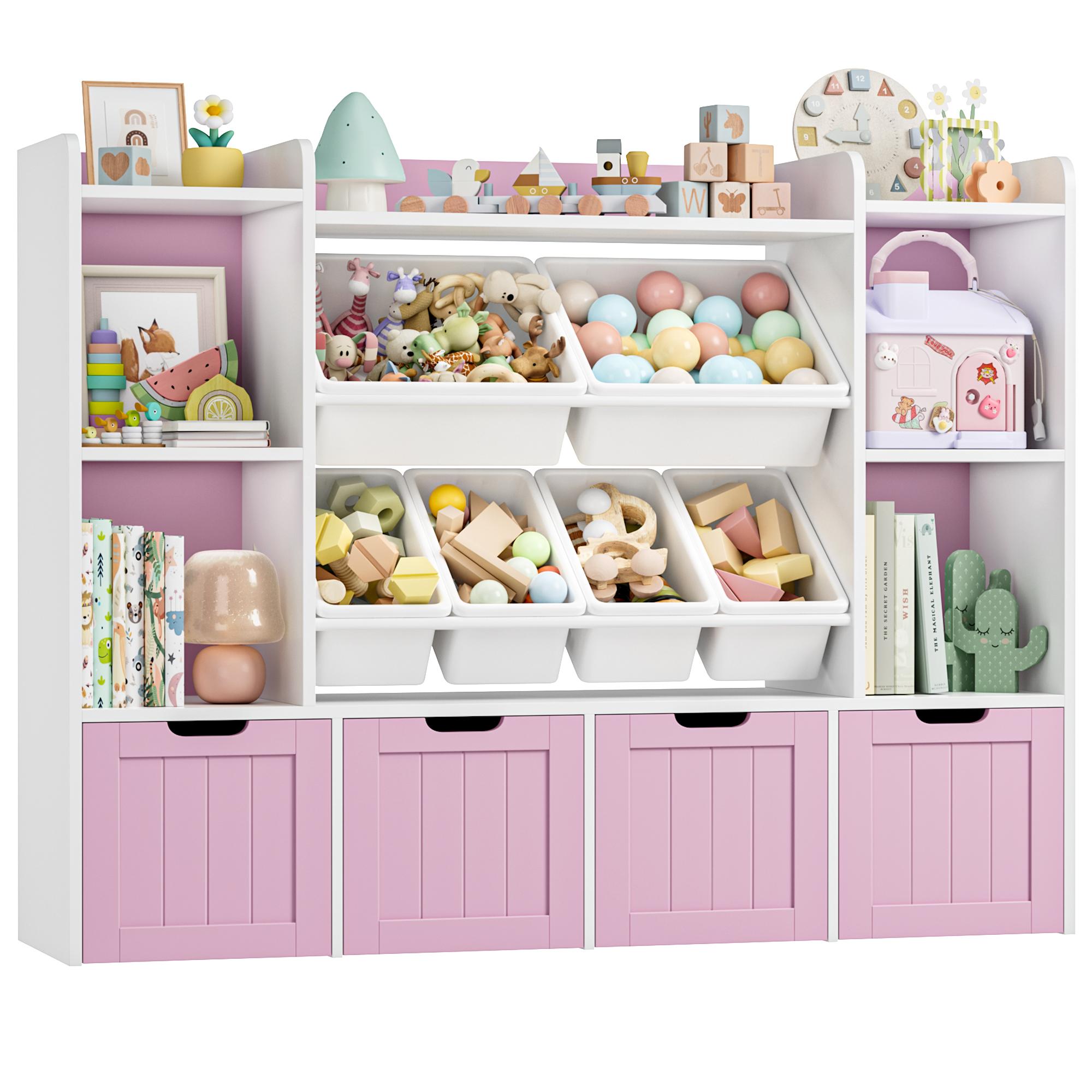 Large Toy Organizer Kids Bookshelf with 6 Bins & 4 Movable Drawers and 4 Storage Cubbies