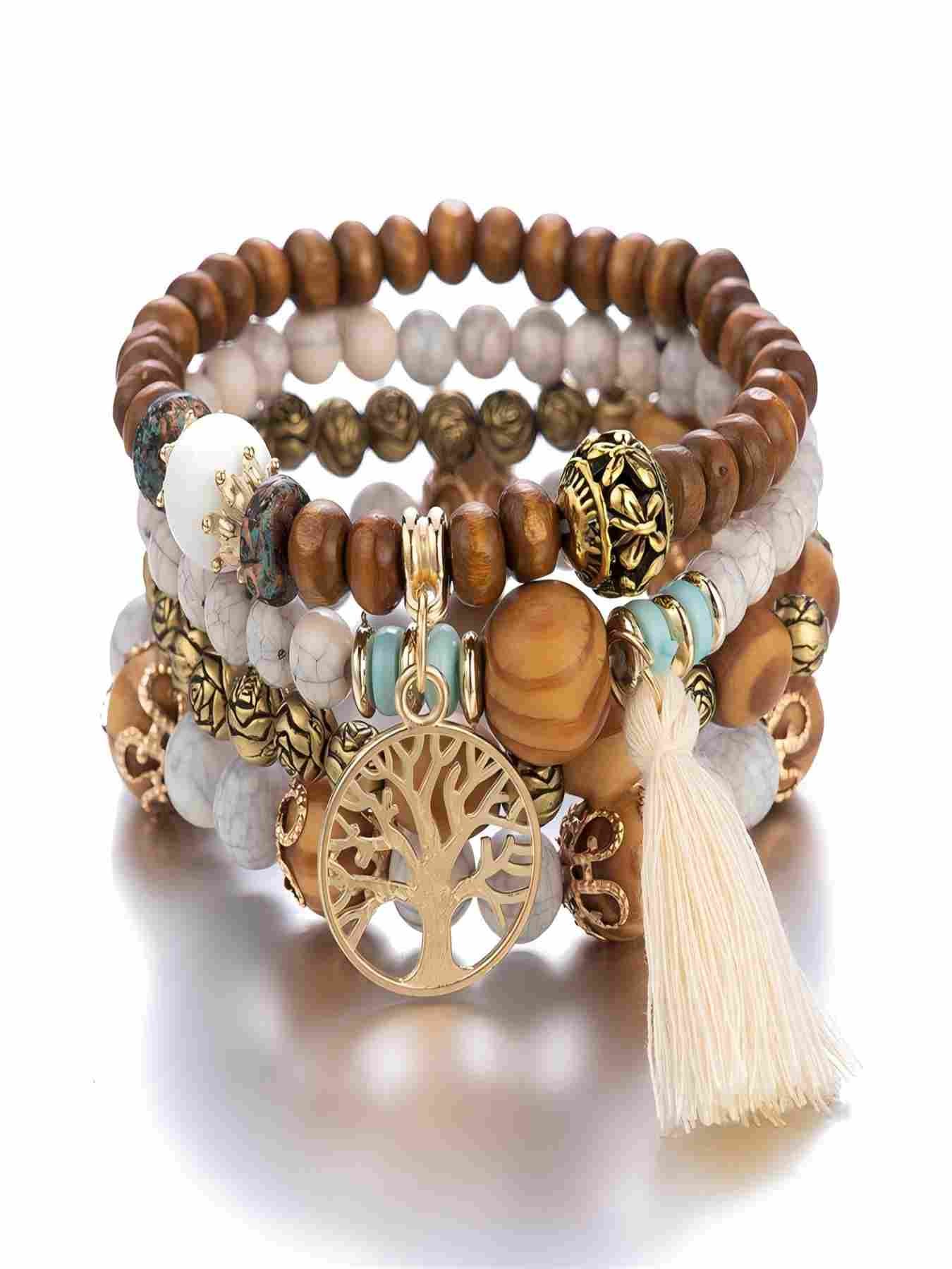 Boho Tree of Life Beaded Bangles Bracelets Set for Women - Multilayer Stackable Bohemian Jewelry with Tassel, Perfect for Black Girl Style & Festival Fashion