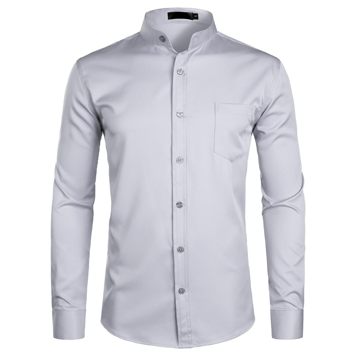 ZEROYAA Men's Red Banded Slim Fit Collar Long Sleeve Casual Button Down Dress Shirts with Chest Pocket Breathable Polyester Fabric Soft Top