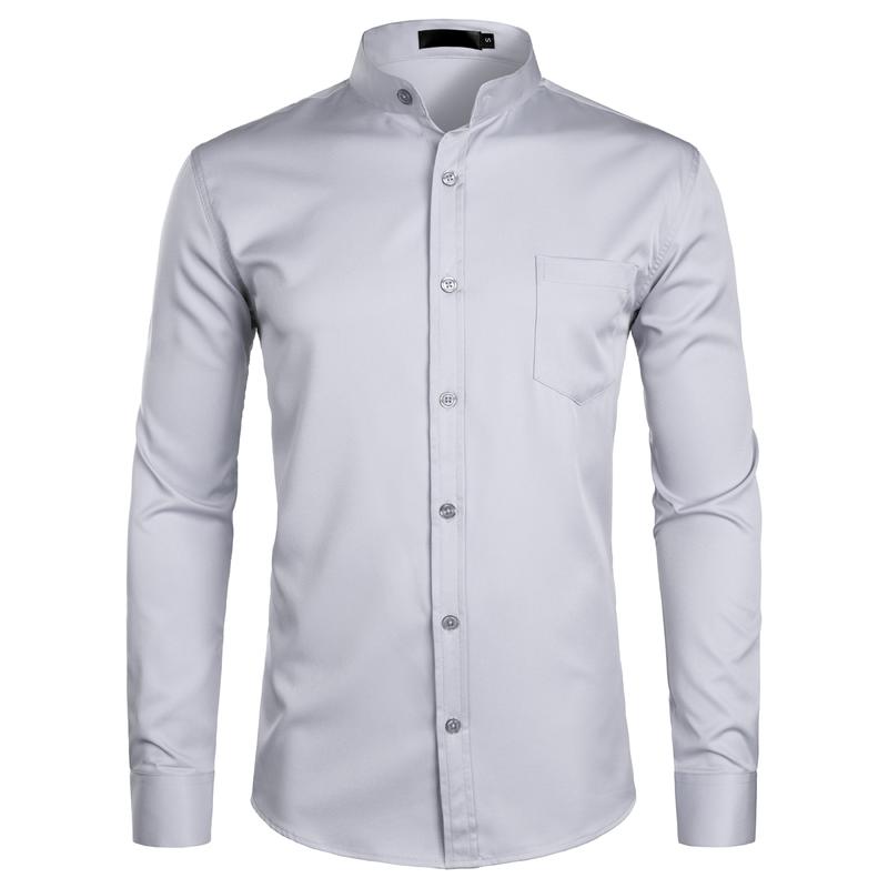 ZEROYAA Men's Red Banded Slim Fit Collar Long Sleeve Casual Button Down Dress Shirts with Chest Pocket Breathable Polyester Fabric Soft Top