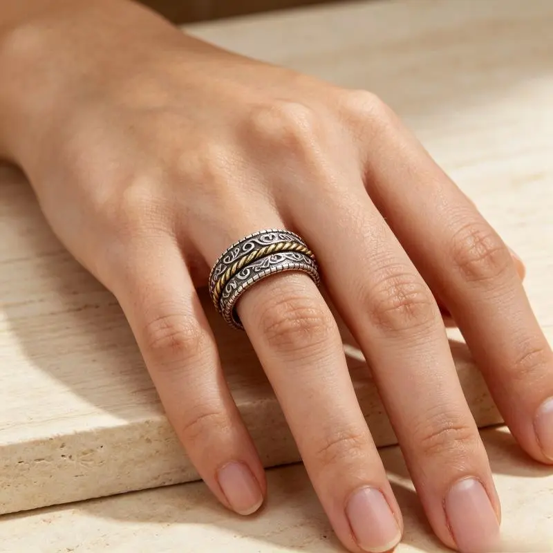 Open Adjustable Tang Grass Pattern Ring For Men Retro Ancient Vine Engraved Bold Fashion Statement Finger Ring Trendy Index Pinky Band Jewelry For Guys Daily Street Wear