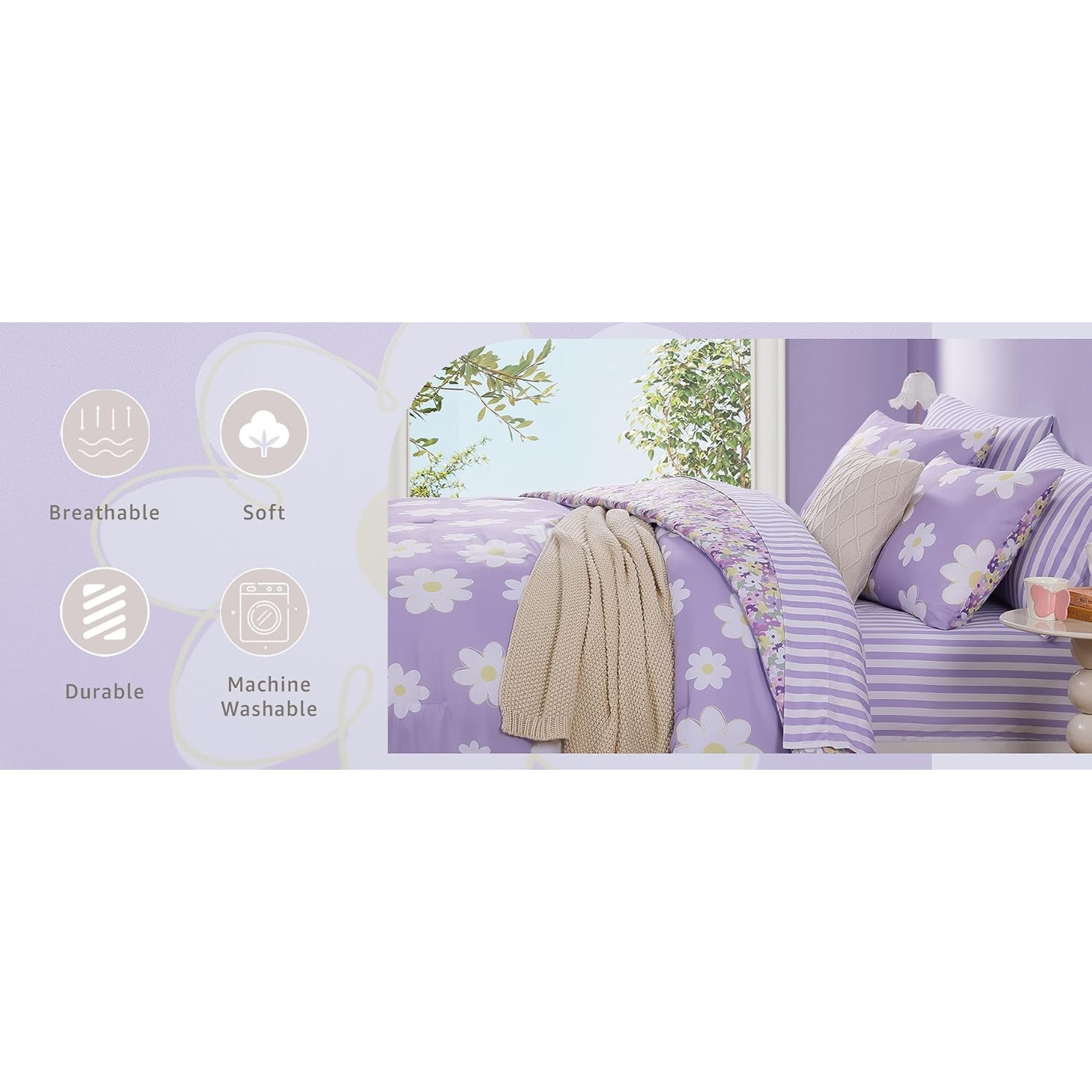 Full Size Comforter Set for Girls Purple Daisy 7 Pieces Bed in a Bag | Reversible Floral All Season Bedding Sets with Sheets, Pillowcase & Sham