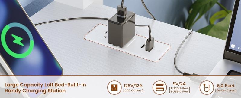 Sikaic Twin Size Loft Bed with Desk and 8 Storage Drawers Metal Loft Bed with LED Lights & Charging Sation, Storage Shelves, 13.1" H Safety Guard & Ladder Bedroom Bedframe Bedroom Furniture