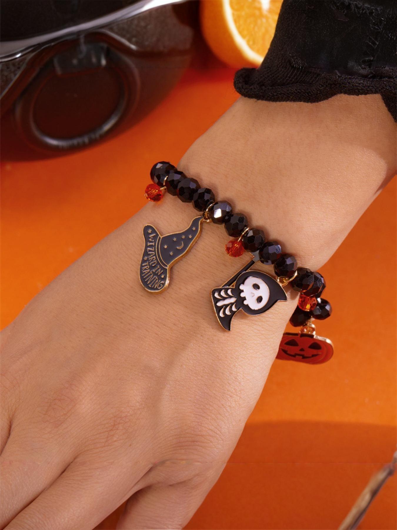 New Halloween Bracelet, European and American Style Beaded Wristband, Festival Pumpkin Ghost Pendant Bracelet, Perfect for Halloween Celebrations