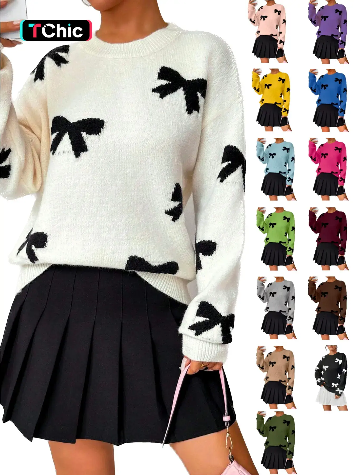 【Black Friday】Women's Casual Fashion Bow Print Sweater, New Long Sleeve Pullover for Autumn and Winter, Knitwear, Comfortable Fabric, Tops, Womenswear