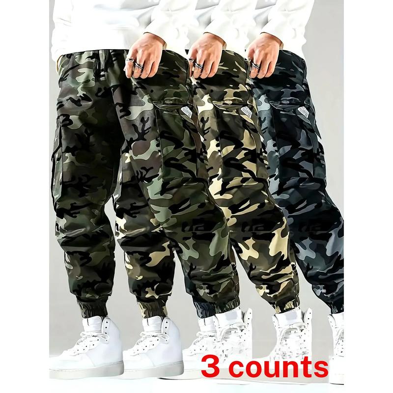 Men's 3-Count Camo Print Cargo Joggers - Plus Size Big & Tall, 82.1% Polyester 17.9% Spandex, Lightweight Breathable Soft Stretchable Loose Casual Sports Fabric, Multi-Pockets, Elastic-Cuffed Joggers, for Outdoor Hiking, Streetwear, Camo Print Joggers