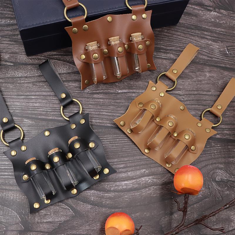 Medieval Potion Bottle Waist Pack, PU Material with Belt Loop, Includes 3 Cork Bottles, Renaissance Witch Props, Stempunk Cosplay Costume Set
