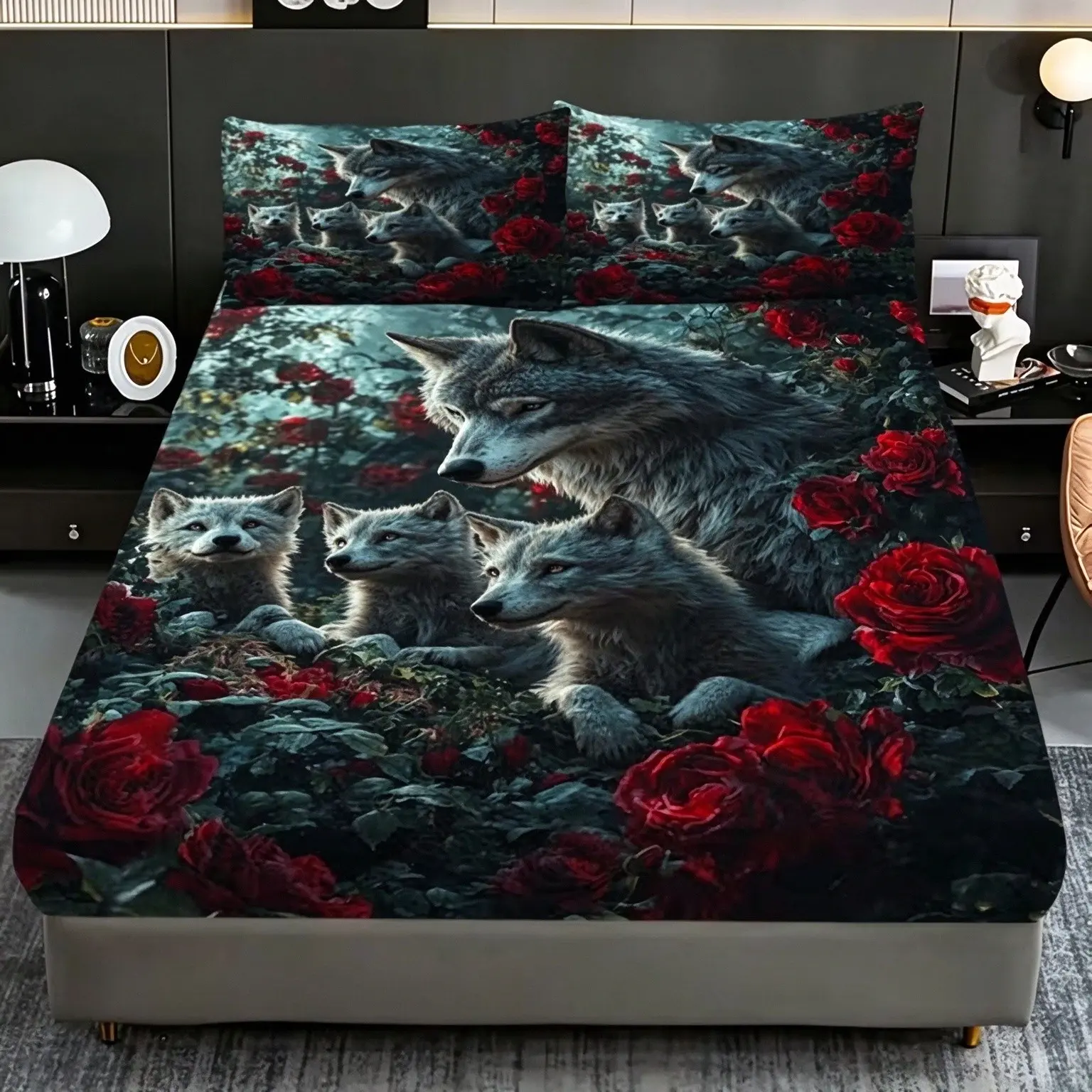 3-Piece Wolf and Rose Print Bed Sheet Set, Mattress Protector for Bedroom Dorm, High-Definition Print, All-Season Room Decor, Unisex Gift