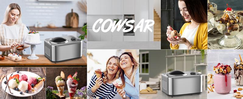 COWSAR 1.6 Quart Automatic Stainless Steels Ice Cream Maker with Built-in Compressor, No Pre-freezing, Fruit Yogurt Machine with LCD Display & Timer, Removable Ice Cream Bowl, Easy Clean