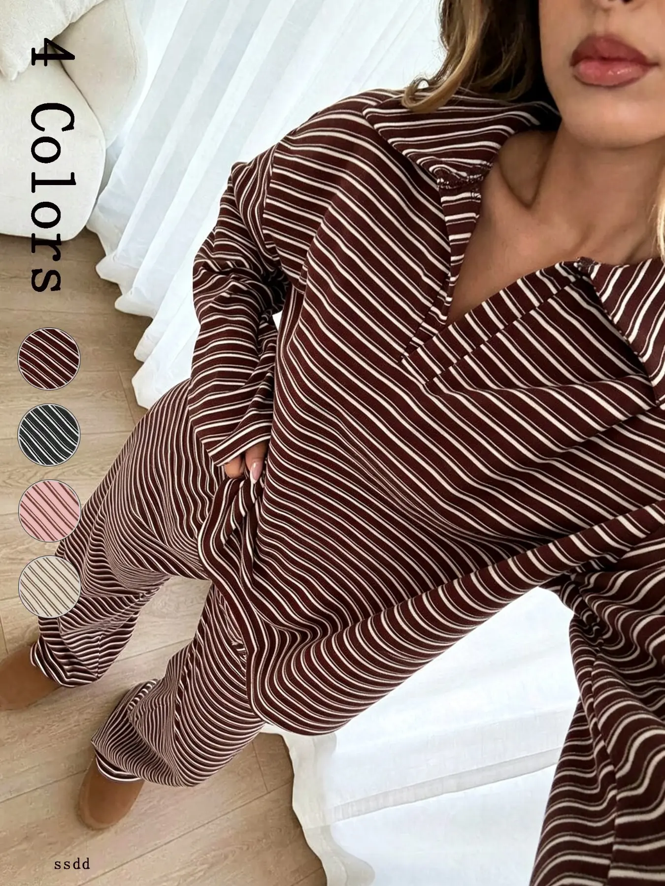 Women's Soft Striped Polo Neck Pajama Set, Long Sleeve Top and Loose Straight Pants, Fall Casual Home Wear, Comfortable and Stylish