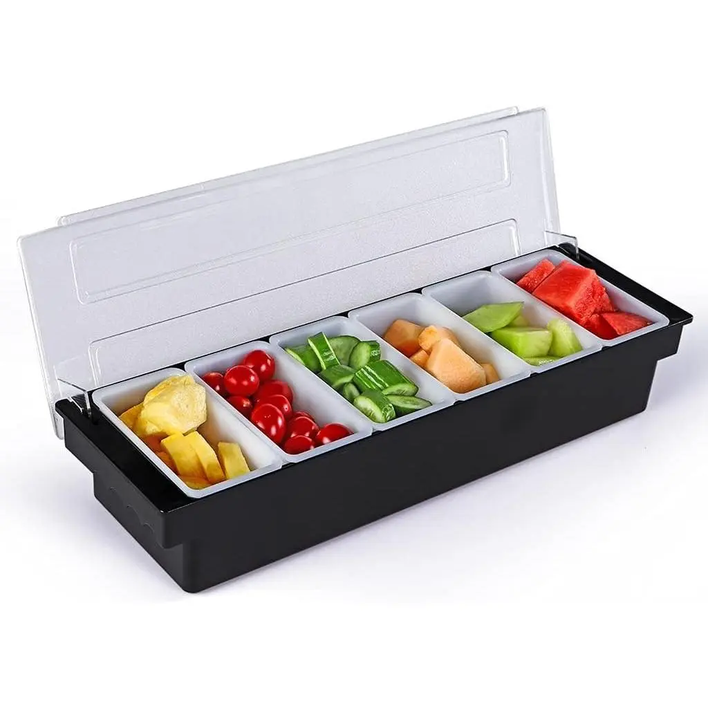 Ice Cooled Condiment Container, 6 Compartments Garnish Tray with Lid, Fruit Veggie Condiment Caddy for Party, Bar