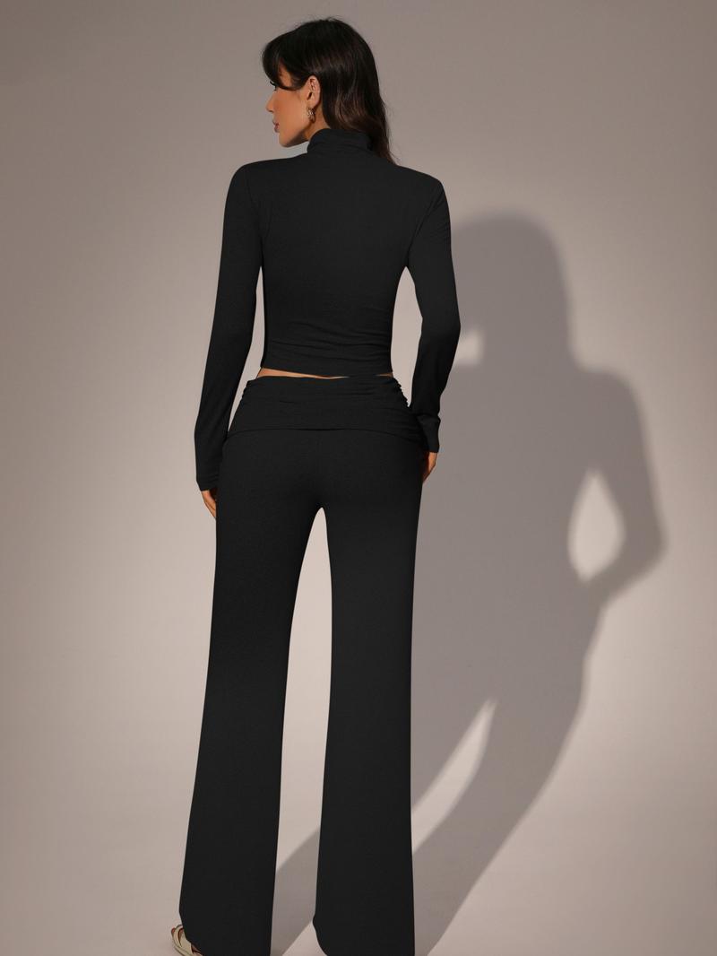 Women's Two-Piece Set Long-Sleeved Top & Elastic-Waisted Pants, Casual Breathable for Autumn Winter Everyday Wear