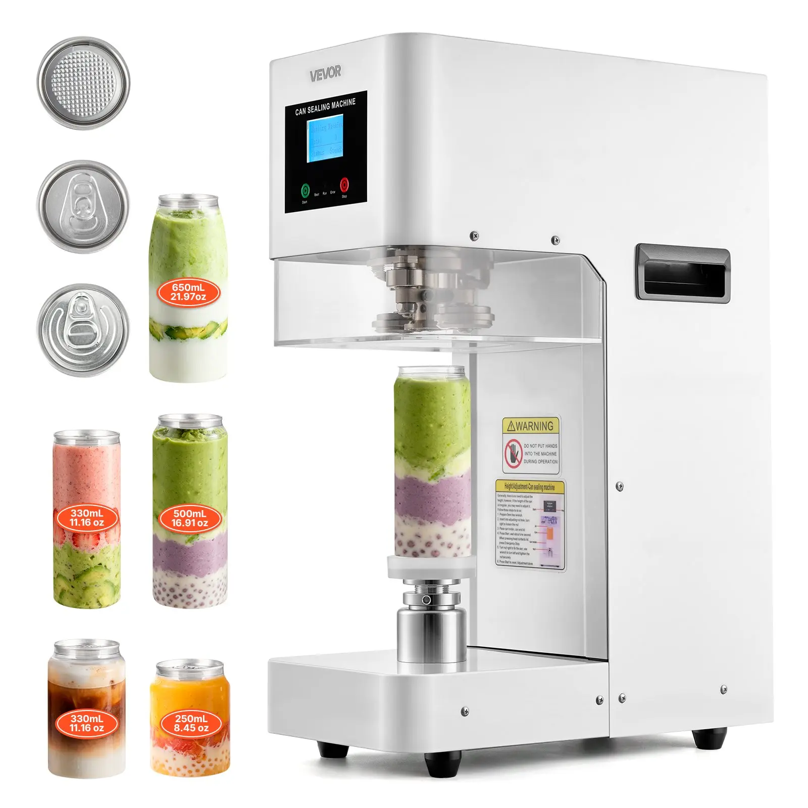 VEVOR Can Sealer Machine, Automatic Commercial Soda Can Sealing Machine for 2.17 in (55 mm) Aluminum and Plastic Cans, Height Adjustable, Steel Housing Beverage Drink Seamer, for Coffee Shop, White