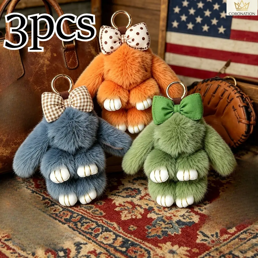 Women's 3-Piece Kawaii Bunny Keychain Set for Women & Girls - Adhesive Resin, Soft Fluffy Plush Bag Charm with Bow, Bunny Faces Pendant Accessory for Valentine’s Gift, Sports & Outdoor Camping Hiking Hammock Accent