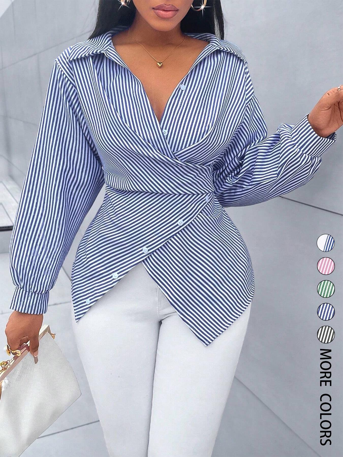 Women's Striped Print Button Front Collared Casual Shirt, Button Down Shirt,Asymmetrical Hem ,Wrap Blouse,Long Sleeve,Fitted,Elegant,Daily Commuting,Going Our,All Season