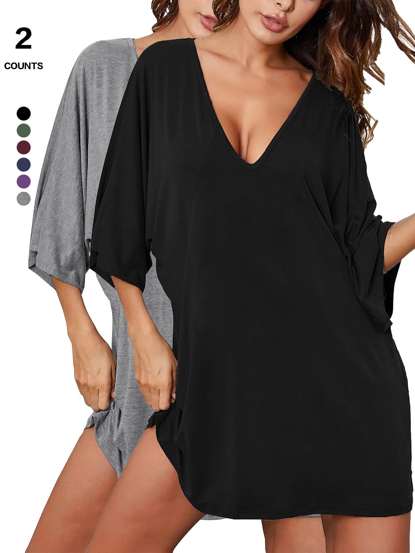 2026 Women's Sleepshirt Deep V Neck Nightgown Batwing Nightshirt Oversized Sleepwear