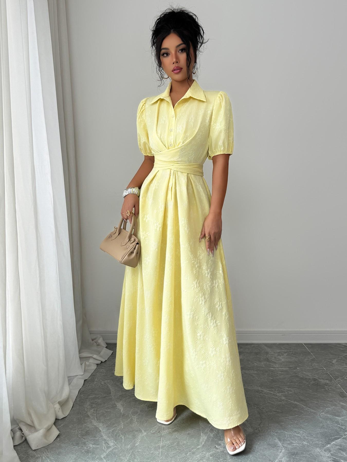 Elegant Pure Color Shirt Collar Bubble Sleeve Cross Tie Waist Fitted Dress, Soft Texture Women's Fashion Gown, Perfect for Casual & Formal Occasions